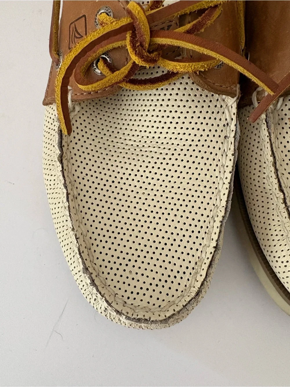 Sperry Two-Tone Boat shoes. Perforated cream and tan leather. 2 Eye. Size 8.5M